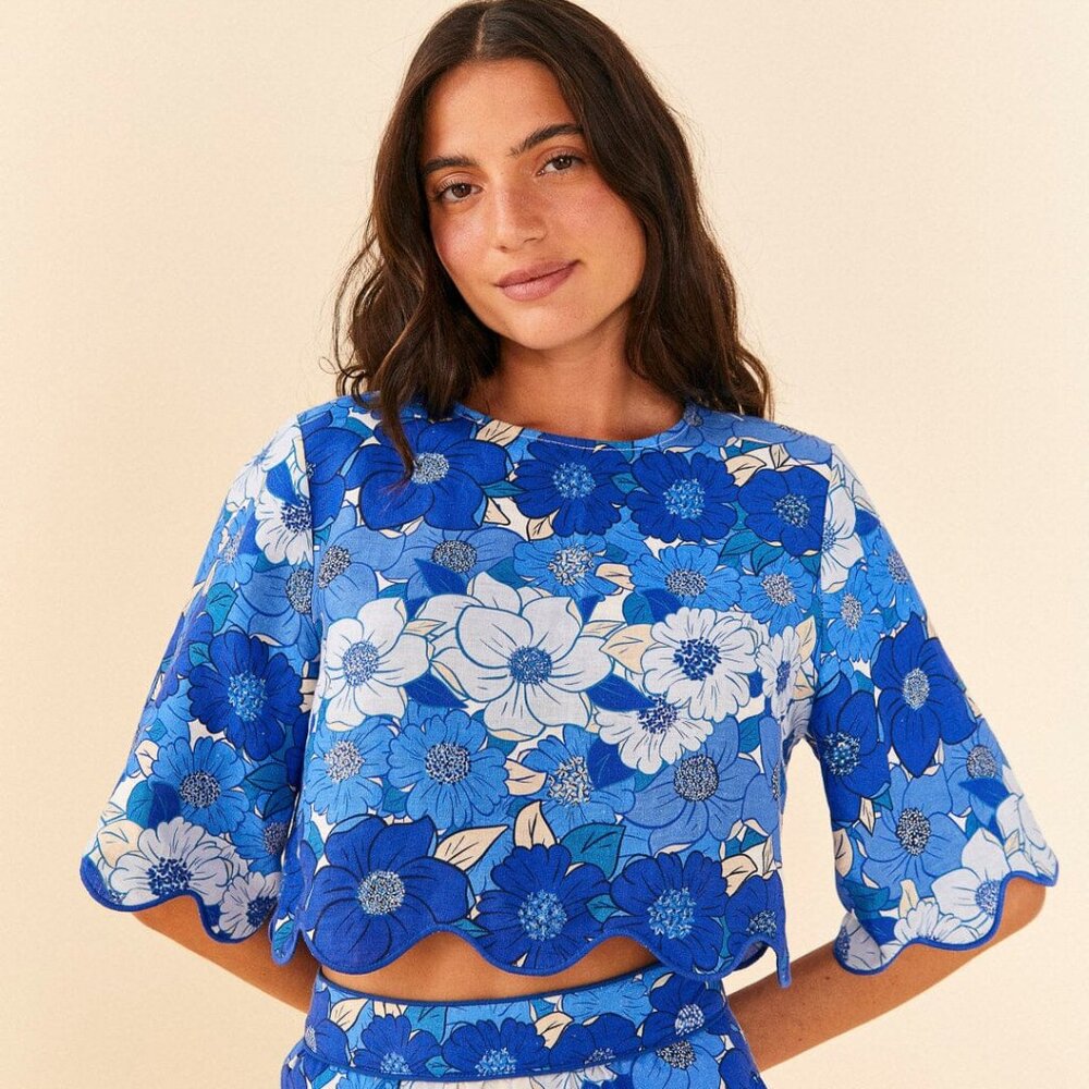 (New w/tags) FARM Rio Blue Flower Stripes Crop Top